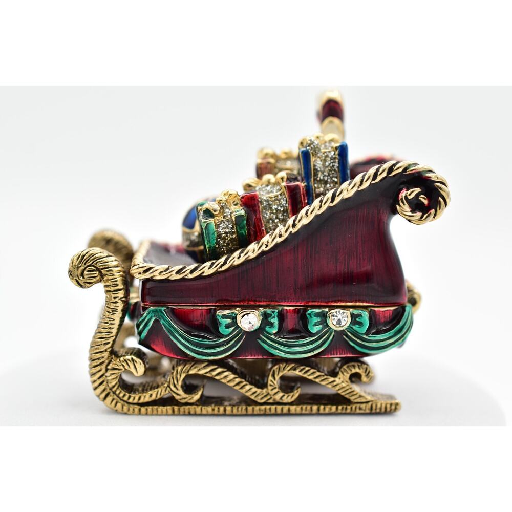 Monet Vintage Christmas Santa Sleigh Present Trinket Box Enamel Holiday Crystal